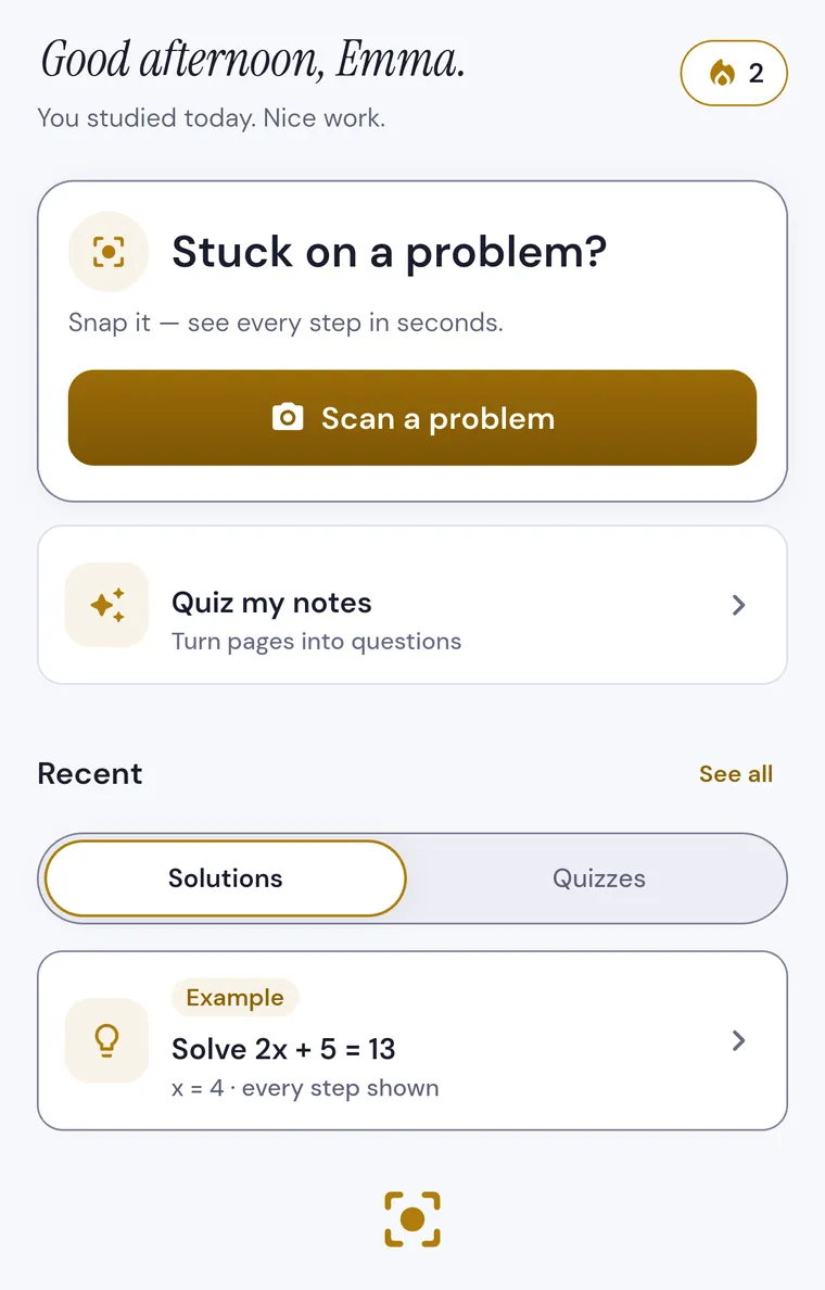 Versper home screen with the Scan a problem button and Quiz my notes