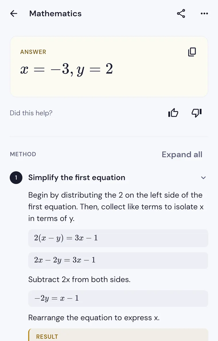 Versper solution screen: the answer x = −3, y = 2, followed by each step of the method